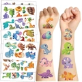Tatuaggi temporanei di dinosauri cartoni animati per bambini con motivi t-rex colorati - Serie di Dinosauri (10 Fogli/Confezione)