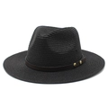 Detail of a black woven straw fedora hat with a brown leather band and metal studs - M (56-58cm) / Black
