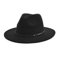 Classic black wide brim wool fedora hat with a leather strap and silver metal buckle detail - M (56-58cm) / Black
