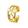 Adjustable golden layered heart ring with polished opal and geometric flower patterns - Gold Tone Triple-Layer Heart Style