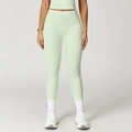 High waisted mint green yoga pants with white contrast waist detailing for women - S / Mint Green