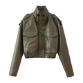 Chaqueta de cuero sintético verde oliva para mujer con bolsillos y cuello alto - S / Verde Militar