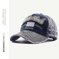 Detailed side view of navy and grey distressed denim baseball cap with embroidery - Adjustable / Navy Grey Patchwork (Made Shale Style)