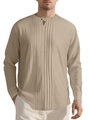 Casual linnen herenoverhemd met lange mouwen in beige met geplooide henley-kraag - S / Khaki