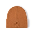 Caramel brown ribbed knit beanie featuring a minimalist embroidered smiley face - One Size / Orange Yellow