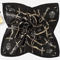 Detail of elegant black and gold silk square scarf with equestrian chain print pattern - Black Bar Chain