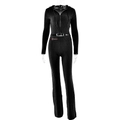 Detail of black knit hooded crop top and matching pants with decorative waist belt - L / Black
