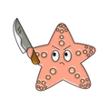 Cartoon orange starfish metal badge featuring a fierce expression holding a realistic knife - Orange Pink Starfish with Knife (XZ7458)