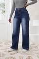 Women's high waist wide leg jeans in dark blue wash, loose fit denim pants - S / Dark Blue