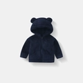 Detail of navy blue fleece baby hoodie featuring cute bear ears and durable resin zipper - 80cm / Navy Blue