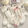 Five-pack of cream white mid-calf socks featuring floral embroidery and lace ruffles - One Size / Style 1 - Tulip Embroidery