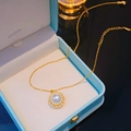 Elegant pearl pendant necklace with white zircon halo on gold chain in blue velvet box - Gold Double Layer Pearl