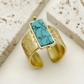 Bohemian gold stainless steel open ring with hammered texture and turquoise gemstone - Adjustable Open / Rectangle Turquoise Hammered(R0057-02)
