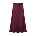 Detail of elegant wine red satin skirt showing premium silk texture and smooth glossy fabric - XS / Burgundy