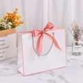 White gift paper bag with elegant pink bow and silver handle in a scenic setting - 30*25*10cm / White with Pink Edge + Pink Ribbon