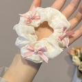 Beige plaid scrunchie with pink bows and pearls, worn on wrist for hair styling - Yellow Plaid Bow (41# Hair Ring)