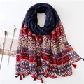 Bohemian paisley print linen scarf in navy polka dot and red totem pattern with tassels - SL1903-010 (Navy Polka Dot Totem Print)
