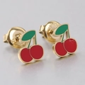 Pair of cherry stud earrings in red and green enamel on gold stainless steel base - Cherry