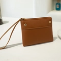 Brown PU leather mini coin purse with wristlet strap and gold metal rivet details - Brown