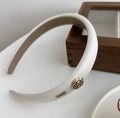 Elegant white leather headband featuring a golden rose ornament and high crown design - Camellia Leather Metal Label Style / White