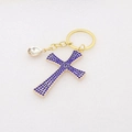 Detail of golden keychain with blue rhinestone cross and clear crystal pendant - Blue-2