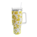 40oz rhinestone tumbler with golden leopard pattern, straw, and ergonomic white handle - 1200ml (40oz) / Yellow Cow Print