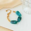 Gold stainless steel chain bracelet with turquoise marble resin stones for women - Stainless Steel Marble Pattern Bracelet / Green