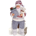 12-inch sitting Santa Claus doll with gray knitted sweater holding a white teddy bear - Sitting Santa Nordic Knit Sweater Style