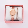 Elegant rose gold women's quartz watch and diamond bracelet set in a pink gift box - Rose Gold Watch Rhinestone Bracelet Set (Pink Box)