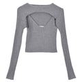 Detail der grauen Rippstrick-Textur am V-Ausschnitt-Top und Langarm-Bolero-Set - S / Grau