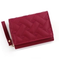 Deep red short tri-fold PU leather wallet with embroidered heart and wrist strap - Red