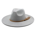 Detailed view of dark grey wool felt fedora featuring a braided brown leather strap with tassels - M (56-58cm) / Light Gray