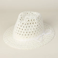 Detail view of the hollow crochet weave pattern and white bow on this straw jazz hat - M(56-58cm) / White