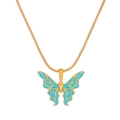 Golden snake chain necklace with sky blue enamel butterfly pendant on white background - 金色 天蓝色