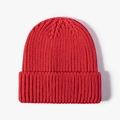 Thick red knitted beanie hat for winter with classic ribbed design and wide cuff - Red
