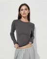 Slim fit dark grey ribbed long sleeve t-shirt paired with light grey sweatpants - XS / Iron Grey Non-fleece