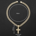 Gold iced out Cuban chain necklace with crystal cross pendant and size dimensions - Pendant with 18inch Cuban Chain / Gold