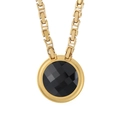 Gold stainless steel Byzantine chain necklace featuring a round black faceted stone - Gold Black Necklace (KN114103-Z)