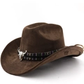 Chapeau de cow-boy classique en daim marron avec ruban ethnique et tête de taureau - M (56-58cm) / Café
