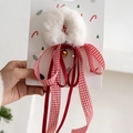 Serre-tête de Noël en peluche blanche avec nœud à carreaux rouges et petite cloche dorée - No.12 Ruban Blanc Rouge Cloche