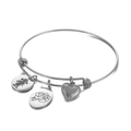 Adjustable silver bangle with heart charm and floral oval pendant in minimalist style - Steel Color September (KB158050-Z)