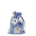 Detailed view of a blue linen gift pouch with white floral prints and a cotton drawstring - 10*14cm / Orchid