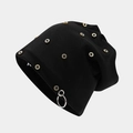 Hip-hop black knit beanie featuring decorative metal floral studs and silver rings - Black Rhinestone