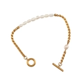 Golden twisted rope bracelet with baroque freshwater pearls and a classic OT toggle clasp - Braided Twisted Rope Freshwater Pearl Bracelet