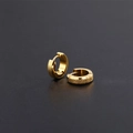 Close-up of golden frosted titanium steel hoop earrings on a dark textured background - Matte Golden
