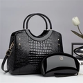 Chic black crocodile embossed handbag set with matching patent leather pouch and gold hardware - 28*13*23CM / Black