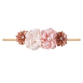 Elastic baby headband with pink, beige and coffee fabric flowers with pearls - Style 17