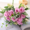 Ramo de rosas moradas artificiales de seda con flores blancas para decoración de casa - Morado