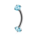 Κυρτό barbell piercing από ανοξείδωτο ατσάλι με δύο γαλάζιες στρογγυλές πέτρες ζιργκόν - 1.2*8*3mm / Θαλασσί
