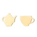 Golden stainless steel asymmetrical earrings featuring a mini teapot and teacup design - Gold
